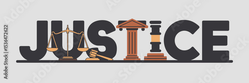 Vector illustration of justice text with gavels and courthouse steps – Ideal for legal branding, justice themes, or court-related content.