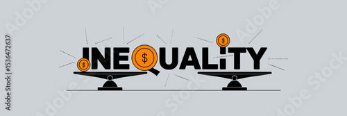 Vector text inequality with two scales holding large and small coins, broken lines, and divided icons on light grey – Great for finance, social issues, and economic disparity themes