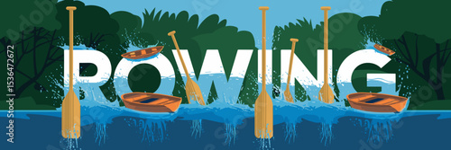 Rowing text with dripping oars, boats, and water splashes on lake – Perfect for boating events, sports branding, or outdoor lifestyle content