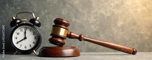 Gavel, alarm clock, textured background. Concept time management in legal proceedings. Judge gavel on sound block, clock shows working hours. Legal, justice, business, time, decision, work, deadline.