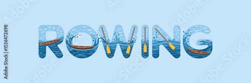 Rowing text with boats inside letters and water splashes on blue background – Suitable for outdoor sports, team branding, or lake activity promotions