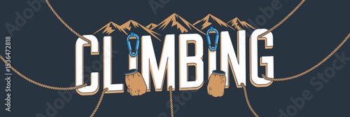 Bold climbing text with ropes, carabiners, mountains, and chalk bags – Ideal for outdoor adventure, climbing gear promotions, or sports branding