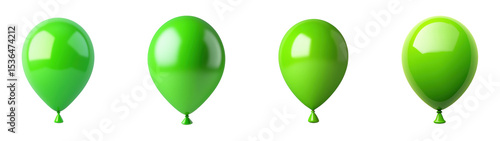 Four vibrant green balloons floating against a transparent background., transparent background