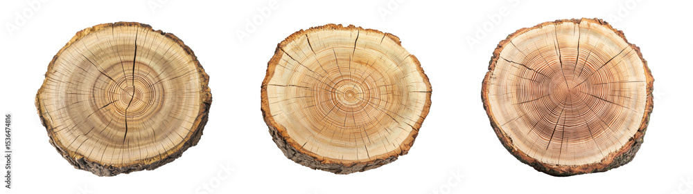 Fototapeta premium Three wooden tree rings showcasing natural patterns and textures of wood slices., transparent background