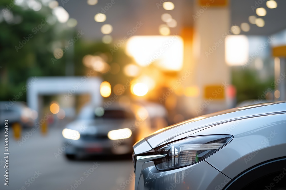 Close-up of silver car at gas station during sunset with blurred background Close-up of silver car at gas station during sunset with blurred background