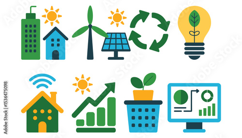 Vector icons of environmental future with smart cities, eco systems, renewable energy, and innovation hubs

