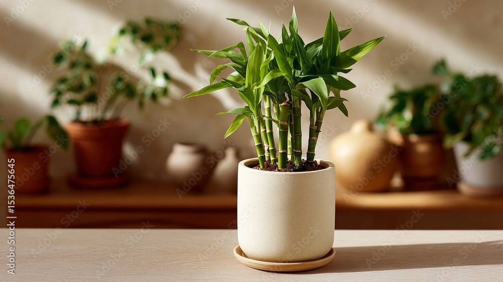 Fototapeta premium Potted plant sits on a table in front of a wall of potted plants