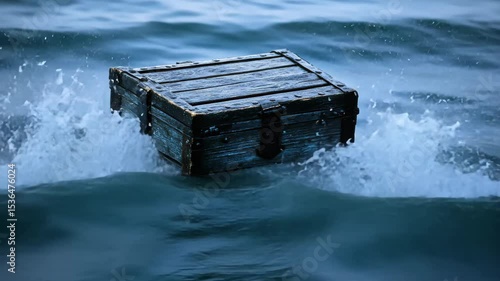 Wooden chest floating on calm ocean water with gentle waves and splash in peaceful marine sea scene