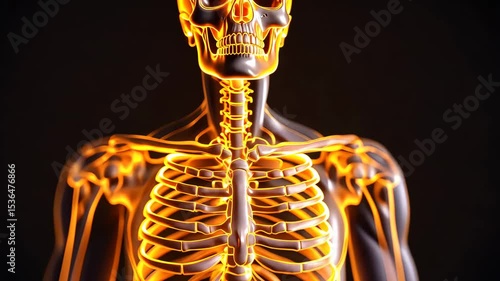 Glowing human skeleton with detailed rib cage, skull, bone, and anatomy in bright orange light on dark background