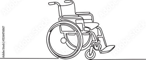 Wheelchair continuous single line drawing in minimalist black and white style with angled design and detailed frame, seat, and wheels

