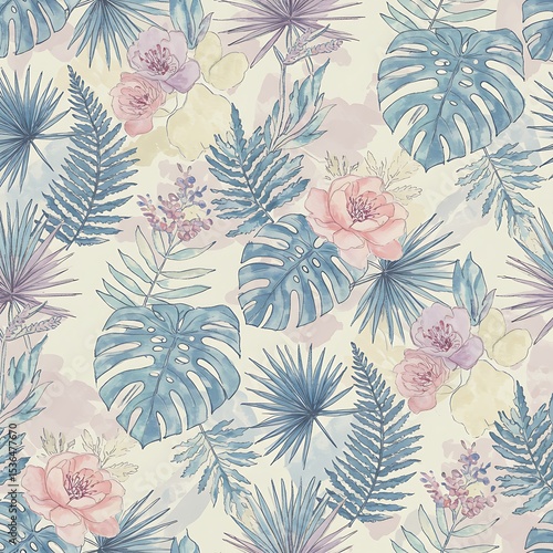 Seamless tropical floral pattern with watercolor-style pastel flowers and monstera leaves in soft green, peach, lavender, and beige tones on a white background.