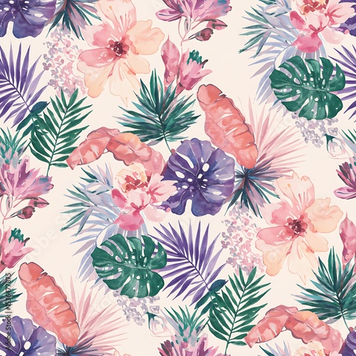 Seamless tropical floral pattern with watercolor-style pastel flowers and monstera leaves in soft green, peach, lavender, and beige tones on a white background.