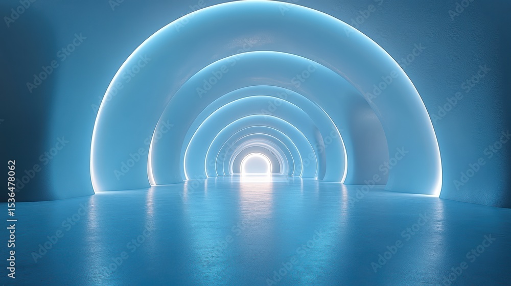 Obraz premium Mesmerizing blue tunnel with glowing arches and perspective view in clean minimalist interior design