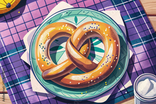 German pretzel with shiny golden-brown crust and coarse salt, freshly baked and twisted in classic shape. Perfect for bakery ads, menus, or Oktoberfest visuals