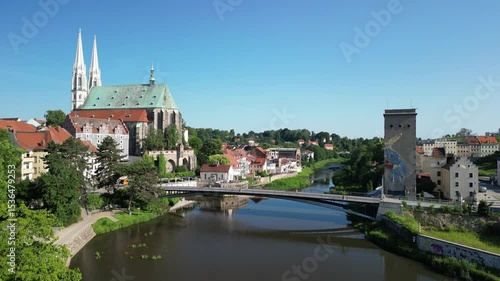 Panorama of the city of Goerlitz on the border with Poland. The Old Town Bridge and the Church of St. Peter and Paul