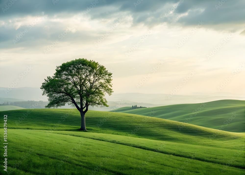 Fototapeta premium Serene landscape photograph featuring a lone tree on rolling green hills under a soft sky. Ideal for nature, tranquility, and environmental themes.
