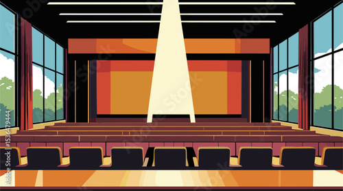 Vector illustration of an empty university auditorium, theater, or lectorium with wooden seats, big screen, and dim lighting. Educational or conference room interior in realistic style