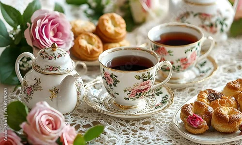 Wallpaper Mural Elegant Afternoon Tea Party Rose-Patterned Teacups and Delicate Pastries Torontodigital.ca