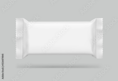 Realistic flow packaging mockup for bars, candies, waffles. Front views. Vector illustration on grey background. Easy to use for presentation your product, idea, design. EPS10.