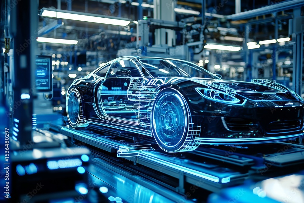 A cutting-edge car production line highlights the integration of modern technology. A cutting-edge car production line highlights the integration of modern technology.