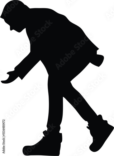Silhouette of a person reaching downward with one arm to interact with something.