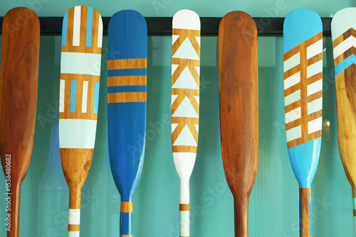 Obraz na plátně Row of painted wooden boat paddle oars decorated on the wall
