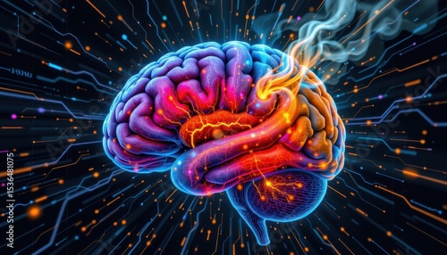cross section of a brain affected by long term urban traffic pollution, with memory and focus areas dimmed and inflamed