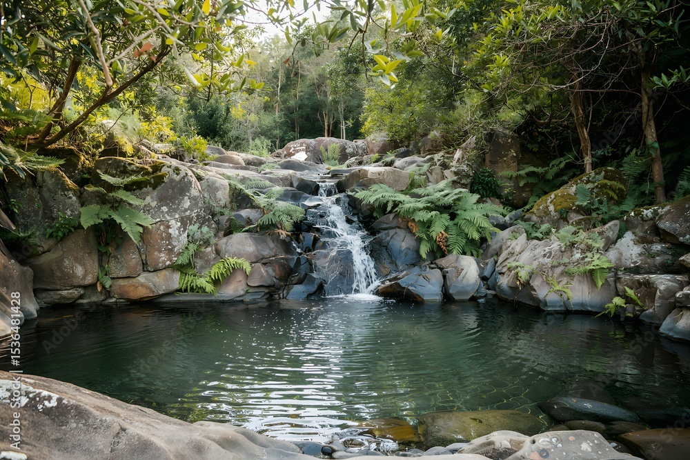 Naklejka premium Serene waterfall in lush tropical forest
