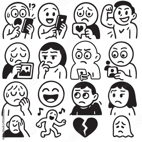 15 Expressive Social Media Emotion Doodle Icons – Hand-Drawn Black and White Vector Set