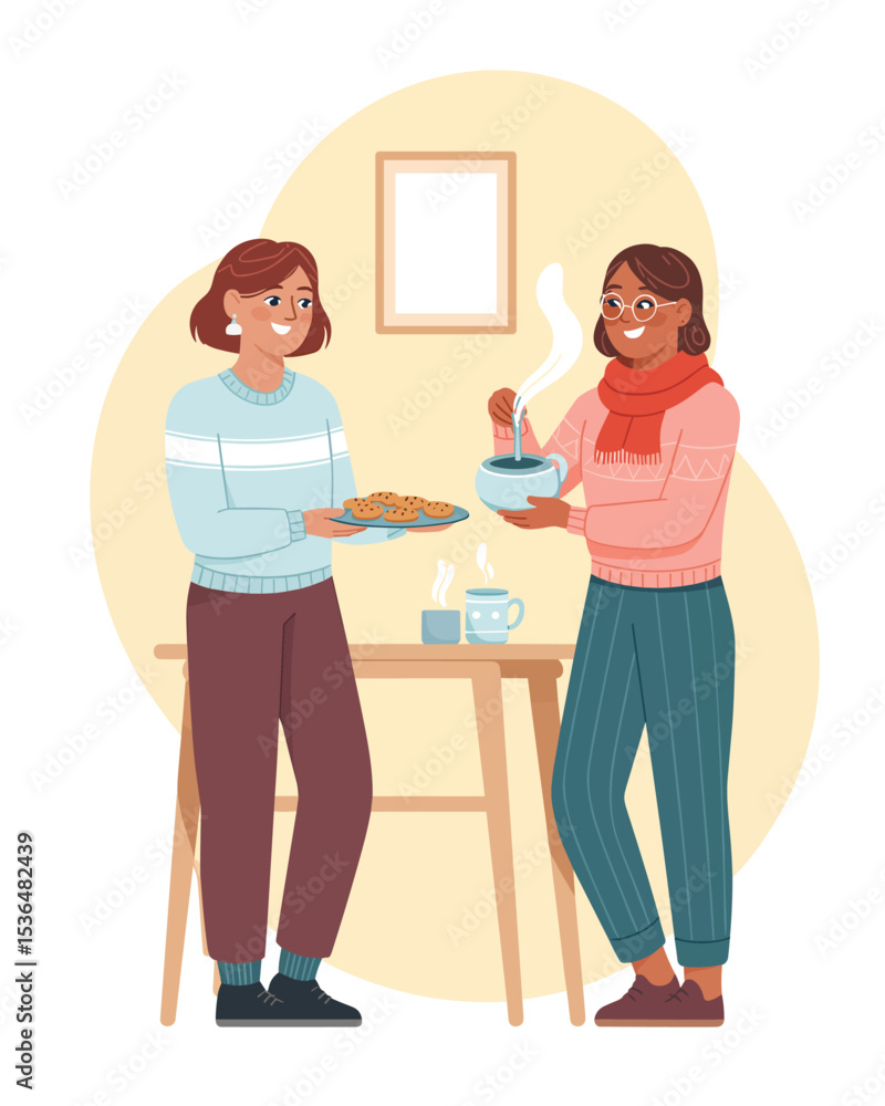 Flat Vector Illustration Two Friends Enjoying Coffee and Cookies Together Flat Vector Illustration Two Friends Enjoying Coffee and Cookies Together