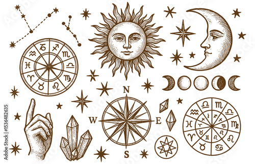 Mystical celestial elements hand drawn set sun moon zodiac constellations compass and pointing hand