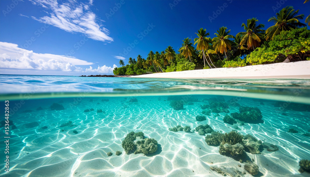 Fototapeta premium Tropical Paradise: A breathtaking view of a tropical beach with crystal-clear turquoise water, a pristine sandy shore, and lush palm trees, showcasing the beauty of a remote island.