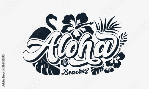 Aloha text, emblem and logo isolated on white. Hand drawn Aloha Hawaiian word for hawaii shirt print or sign. Lettering or summer party invitation, flyer and poster design.