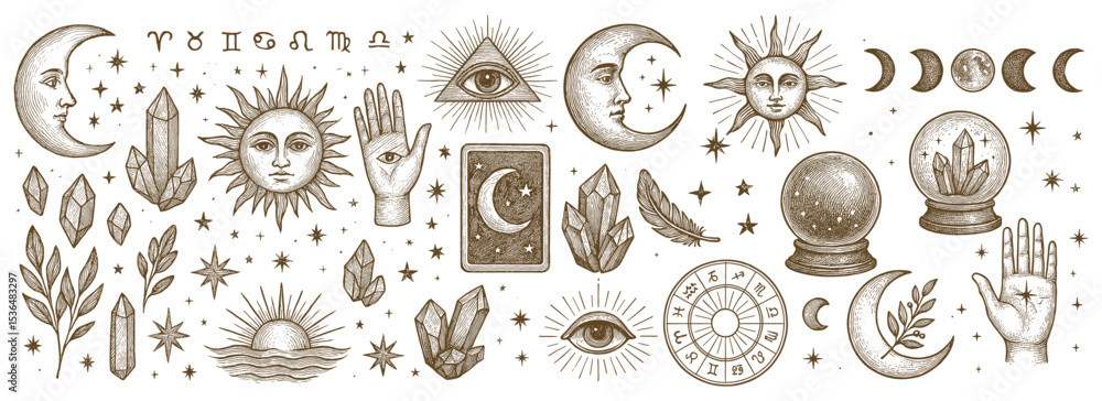 Mystical elements in vintage style symbols related to magic astrology and divination spirituality illustration