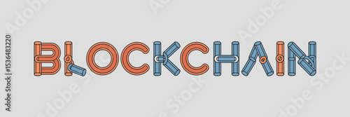 Vector blockchain illustration with orange chains and blocks and blue data nodes on white background – Suitable for fintech, data security, or decentralized network visuals