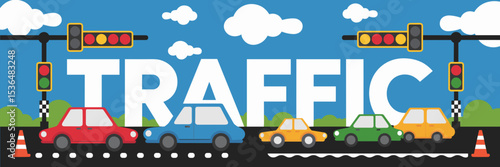 Vector design of traffic signals orange cones and colorful cars under blue sky – Great for road safety campaigns, driving schools, or urban transportation content.