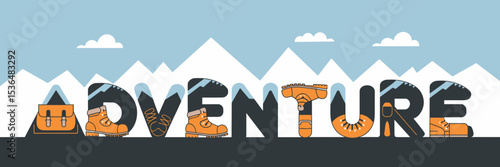 Vector illustration of adventure text made from boots backpacks and mountain peaks – Suitable for hiking gear promotions, nature tourism, and exploration themes.