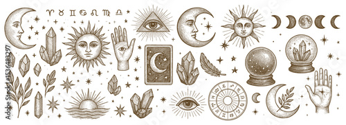 Mystical elements in vintage style symbols related to magic astrology and divination spirituality illustration