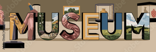 Museum illustration with sculptures, paintings, and display cases – Ideal for cultural promotions, art education, or museum marketing