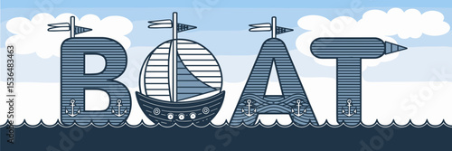 vector boat text shaped with sails, waves, and anchors sailing on calm water – ideal for nautical, travel, or maritime branding