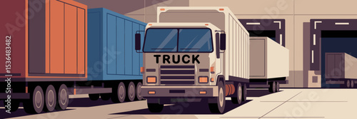 truck parked near loading dock with cargo trailers and wheels – suitable for logistics, shipping, and industrial content
