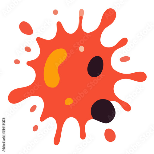 A vibrant, abstract splash of red with yellow and black spots, creating a dynamic and artistic design. Vector