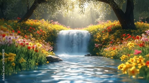 Beautiful waterfall flowing in magical flower forest with sunlight shining above