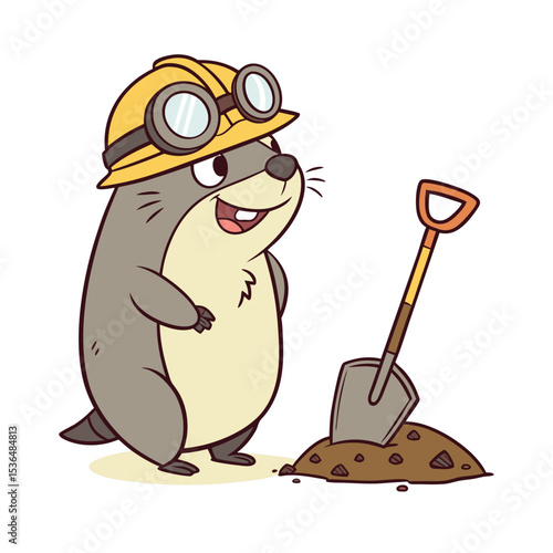 Cheerful Cartoon Mole Wearing Hard Hat and Goggles - Mining or Construction Theme Illustration