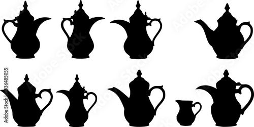 Old arabic teapot icons set. Black silhouettes of dallah coffee pots, showcasing arabian tradition and hospitality
