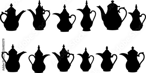 Old arabic teapot icons set. Black silhouettes of dallah coffee pots, showcasing arabian tradition and hospitality

