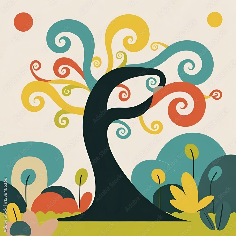 Fototapeta premium Simple abstract pastel colored tree and branch illustration.