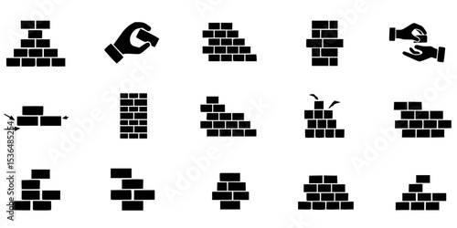 Wood stack balances game icons set. Line icons representing hands building, balancing, and carefully removing blocks from a wooden tower structure, symbolizing risk, strategy, and patience