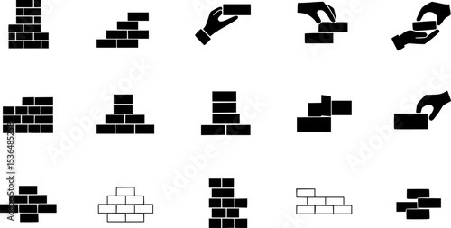 Wood stack balances game icons set. Line icons representing hands building, balancing, and carefully removing blocks from a wooden tower structure, symbolizing risk, strategy, and patience