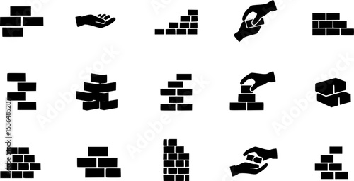 Wood stack balances game icons set. Line icons representing hands building, balancing, and carefully removing blocks from a wooden tower structure, symbolizing risk, strategy, and patience